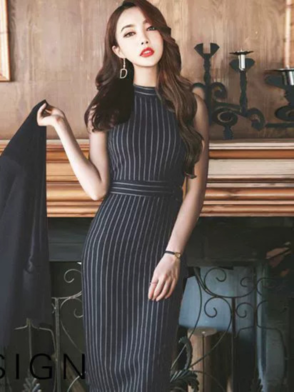 New Sexy Striped Sleeveless Womens Elegant Slim Vertical Stripe Bodycon Dress